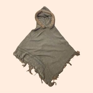 Beige/Olive Green Poncho with Faux Fur-Lined Hood